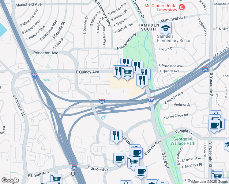 map of restaurants, bars, coffee shops, grocery stores, and more near 4380 South Syracuse Street in Denver