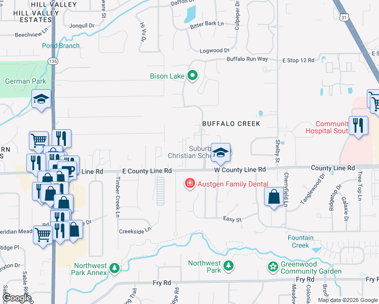 map of restaurants, bars, coffee shops, grocery stores, and more near 206 Buffalo Club Drive in Indianapolis