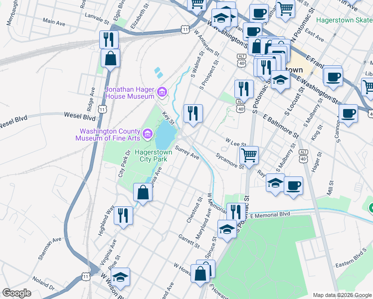 map of restaurants, bars, coffee shops, grocery stores, and more near 331 Summit Avenue in Hagerstown