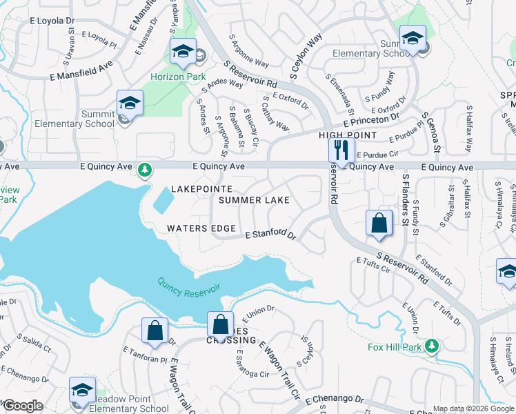 map of restaurants, bars, coffee shops, grocery stores, and more near 4437 South Cathay Way in Aurora