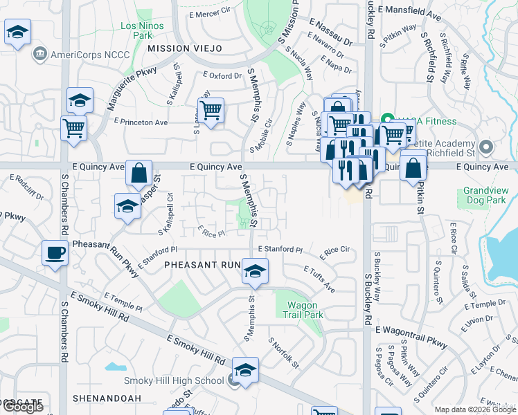 map of restaurants, bars, coffee shops, grocery stores, and more near 16355 East Rice Place in Aurora