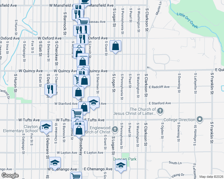 map of restaurants, bars, coffee shops, grocery stores, and more near 4439 South Logan Street in Englewood