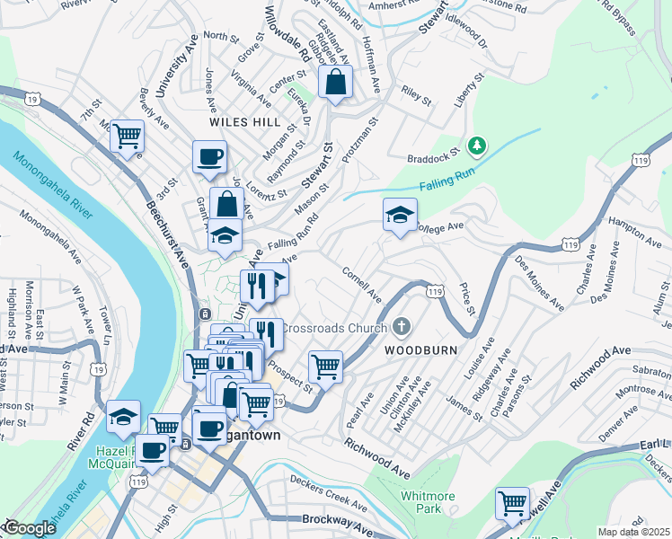 map of restaurants, bars, coffee shops, grocery stores, and more near 221 Waverly Street in Morgantown