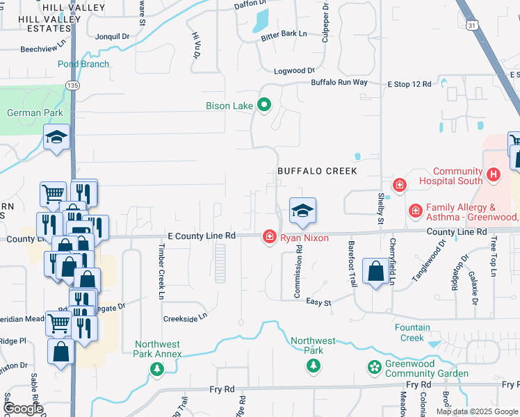 map of restaurants, bars, coffee shops, grocery stores, and more near 206 Buffalo Club Drive in Indianapolis