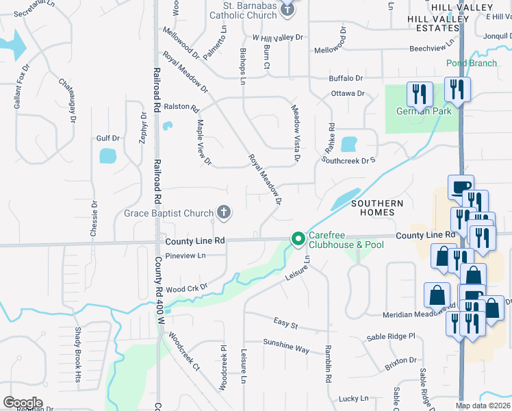map of restaurants, bars, coffee shops, grocery stores, and more near 8838 Meadowridge Lane in Indianapolis