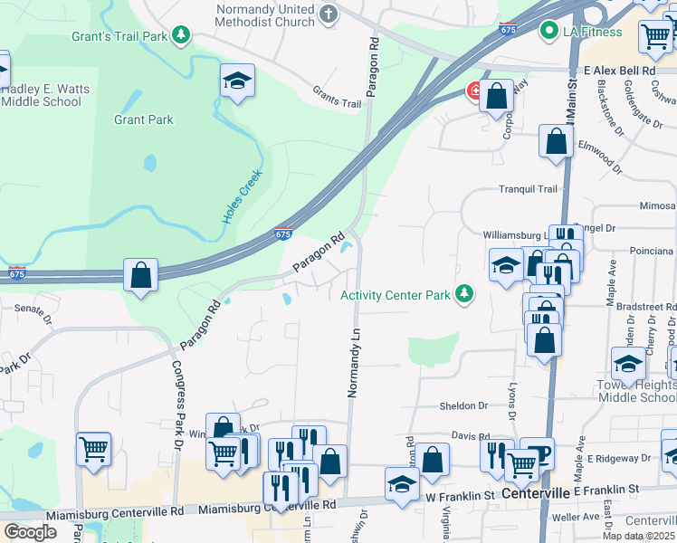 map of restaurants, bars, coffee shops, grocery stores, and more near 7215 Chateauroux Drive in Montgomery County