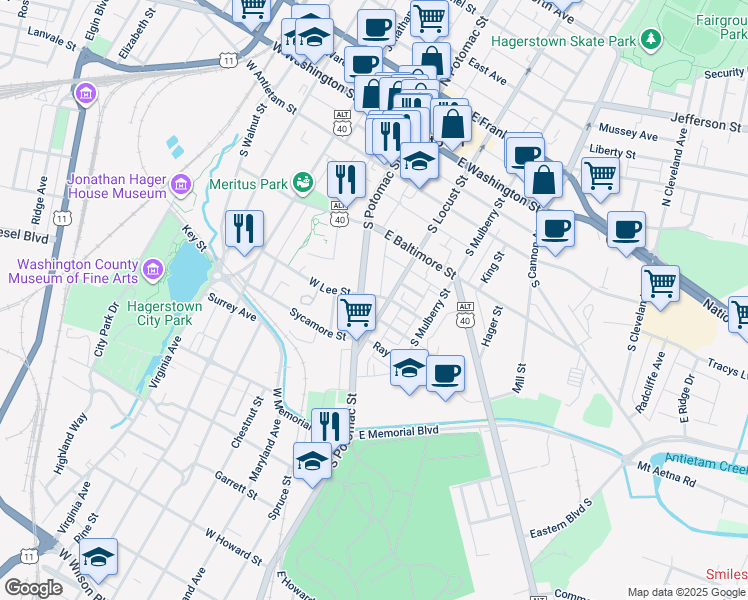 map of restaurants, bars, coffee shops, grocery stores, and more near 13 East Lee Street in Hagerstown