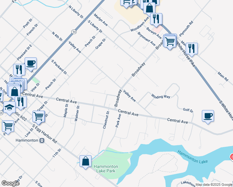 map of restaurants, bars, coffee shops, grocery stores, and more near 599 Greenwood Drive in Hammonton