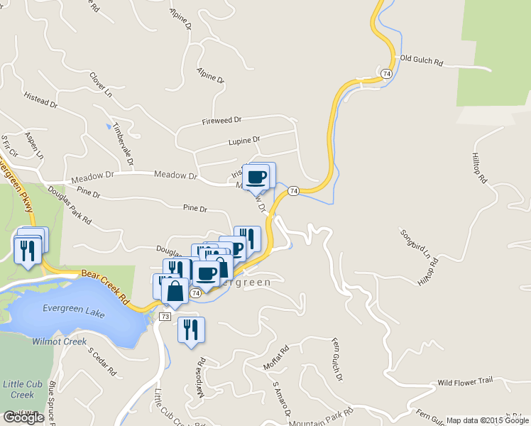 map of restaurants, bars, coffee shops, grocery stores, and more near 27854 Meadow Drive in Evergreen