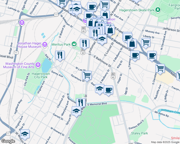 map of restaurants, bars, coffee shops, grocery stores, and more near 9 East Lee Street in Hagerstown