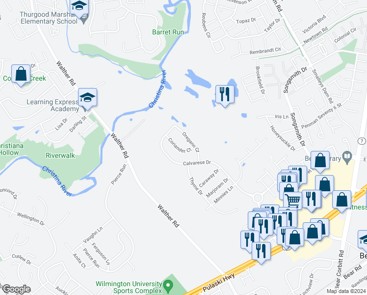 map of restaurants, bars, coffee shops, grocery stores, and more near 506 Coriander Court in Bear