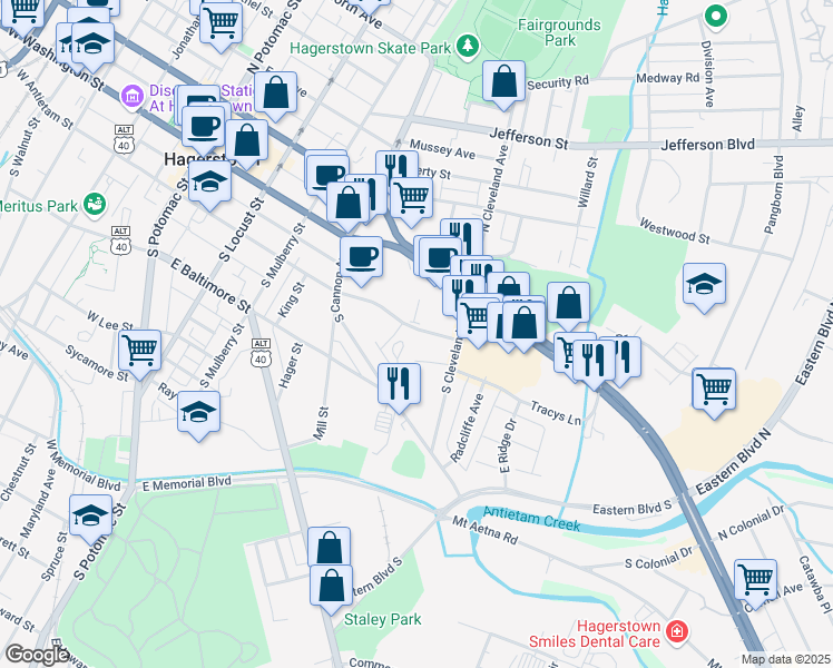 map of restaurants, bars, coffee shops, grocery stores, and more near 401 East Antietam Street in Hagerstown