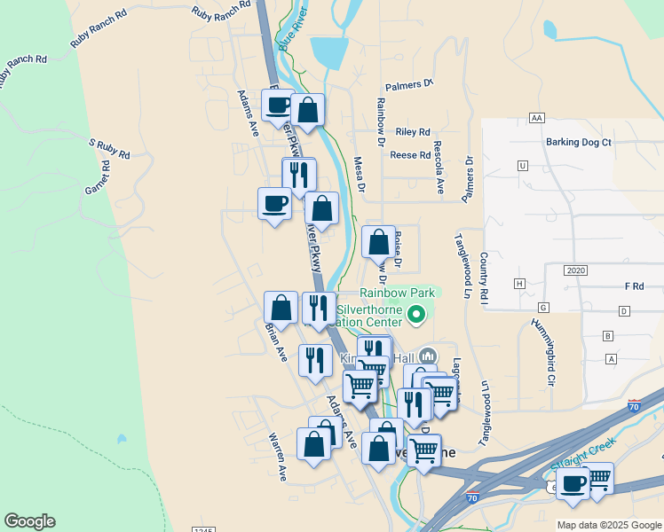 map of restaurants, bars, coffee shops, grocery stores, and more near 680 Blue River Parkway in Silverthorne