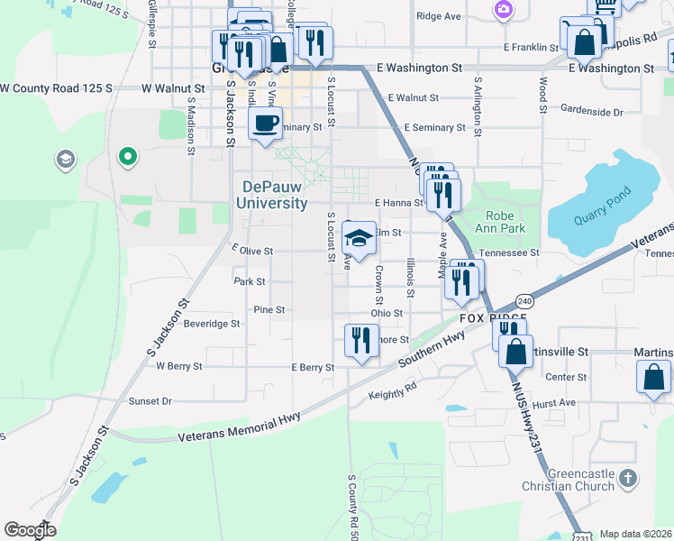 map of restaurants, bars, coffee shops, grocery stores, and more near 400-408 Howard Street in Greencastle
