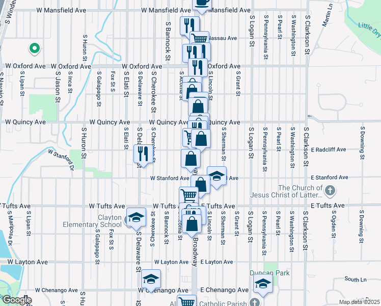 map of restaurants, bars, coffee shops, grocery stores, and more near 4401 South Broadway in Englewood