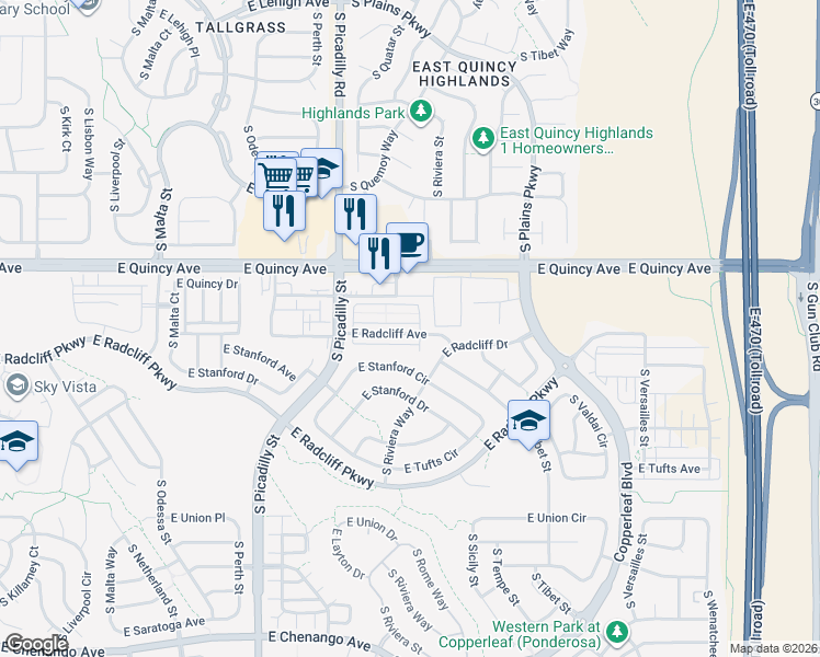 map of restaurants, bars, coffee shops, grocery stores, and more near 21886 East Radcliff Circle in Aurora