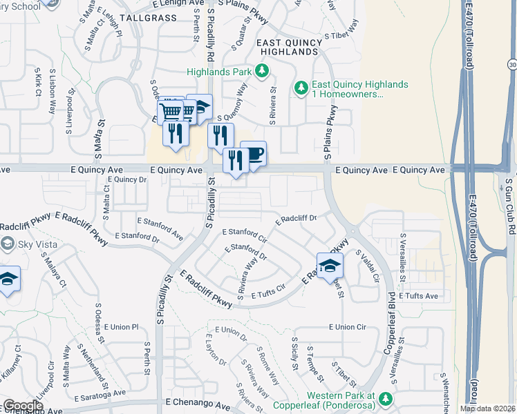 map of restaurants, bars, coffee shops, grocery stores, and more near 22511 East Radcliff Drive in Aurora