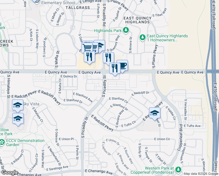 map of restaurants, bars, coffee shops, grocery stores, and more near 21764 East Radcliff Circle in Aurora