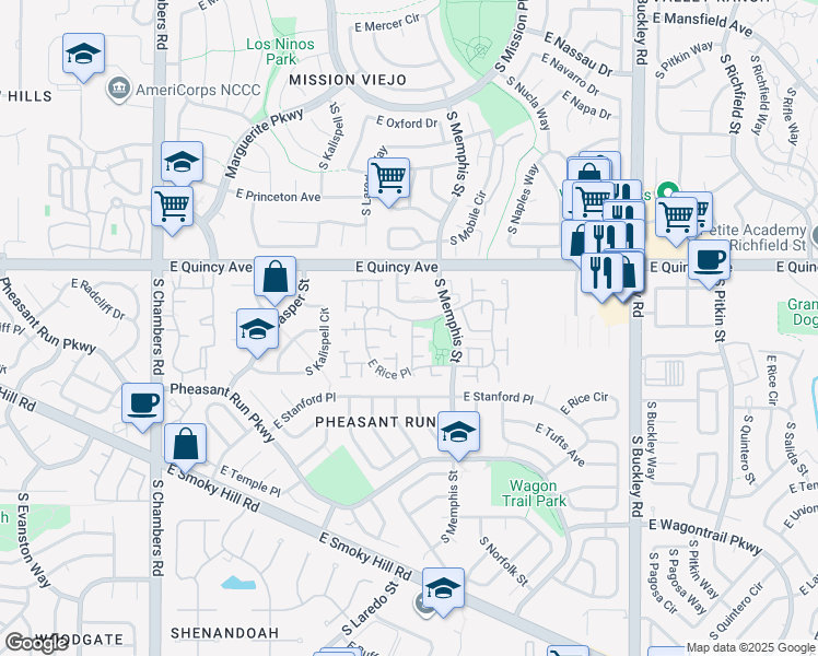 map of restaurants, bars, coffee shops, grocery stores, and more near 16129 East Rice Place in Aurora