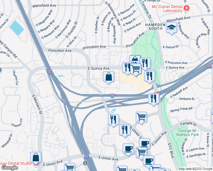 map of restaurants, bars, coffee shops, grocery stores, and more near Interstate 225 in Denver