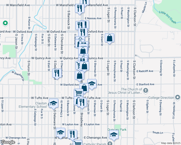 map of restaurants, bars, coffee shops, grocery stores, and more near 4444 South Lincoln Street in Englewood