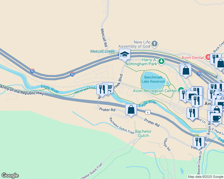 map of restaurants, bars, coffee shops, grocery stores, and more near 1050 West Beaver Creek Boulevard in Avon