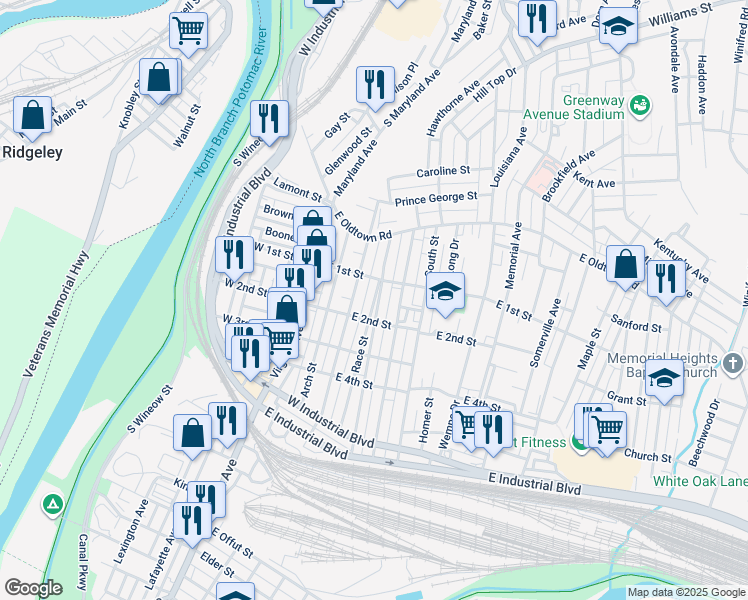 map of restaurants, bars, coffee shops, grocery stores, and more near 134 Grand Avenue in Cumberland
