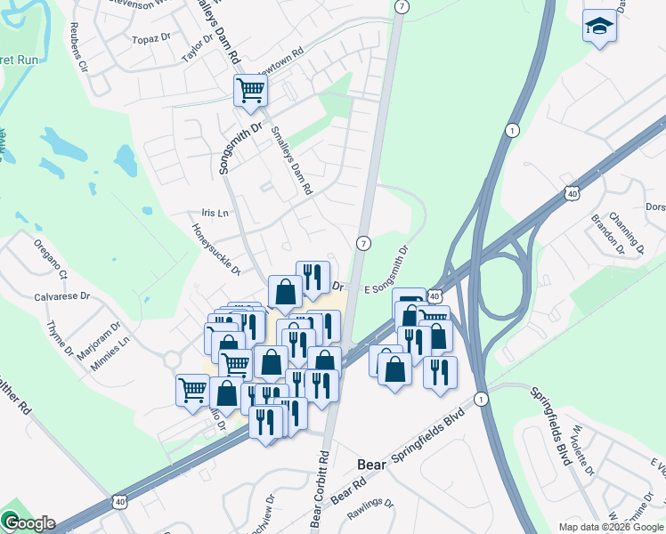 map of restaurants, bars, coffee shops, grocery stores, and more near 113 Buckson Ct in Bear