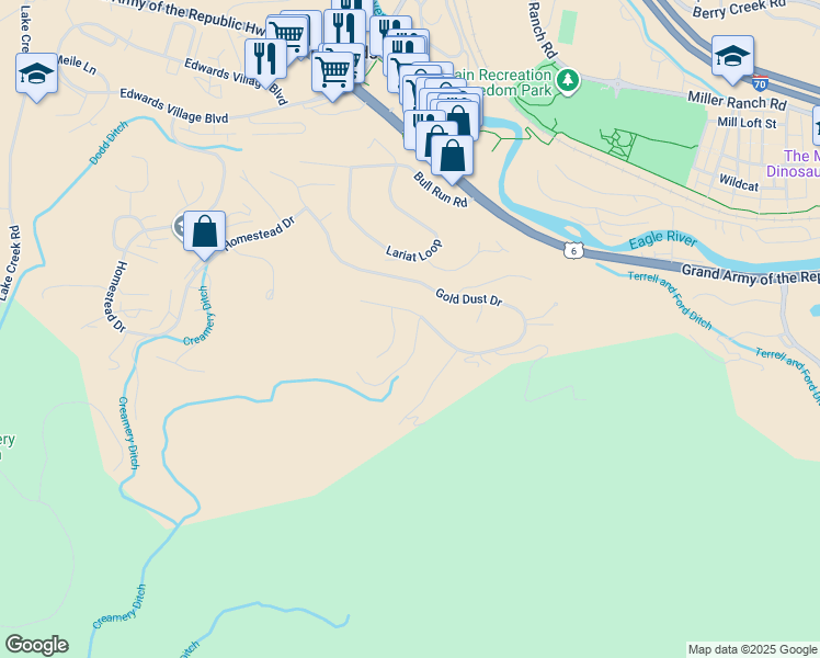 map of restaurants, bars, coffee shops, grocery stores, and more near 81 Remington Trail in Edwards