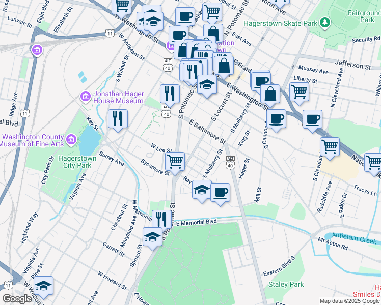 map of restaurants, bars, coffee shops, grocery stores, and more near 32 East Lee Street in Hagerstown