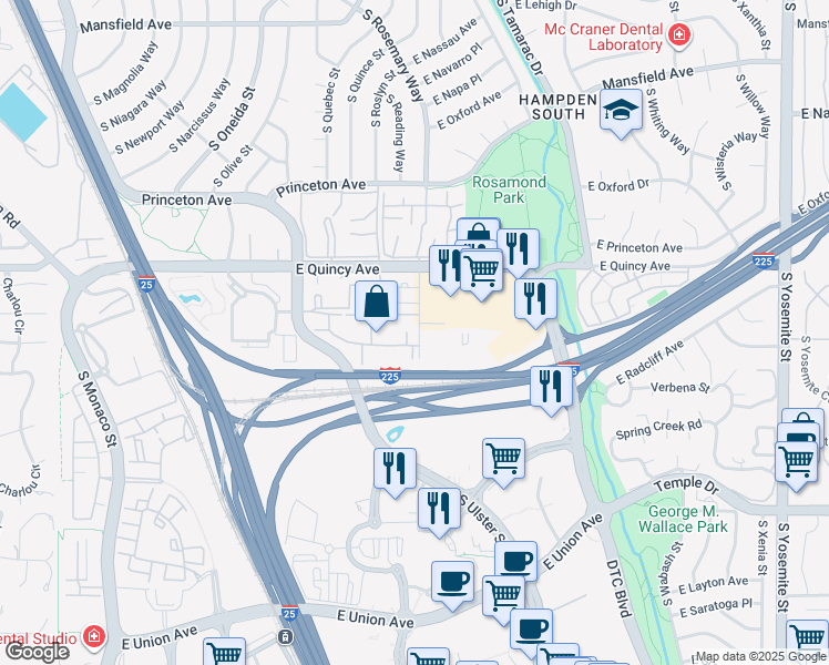 map of restaurants, bars, coffee shops, grocery stores, and more near 4400 South Quebec Street in Denver
