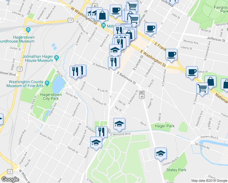 map of restaurants, bars, coffee shops, grocery stores, and more near 12 East Lee Street in Hagerstown