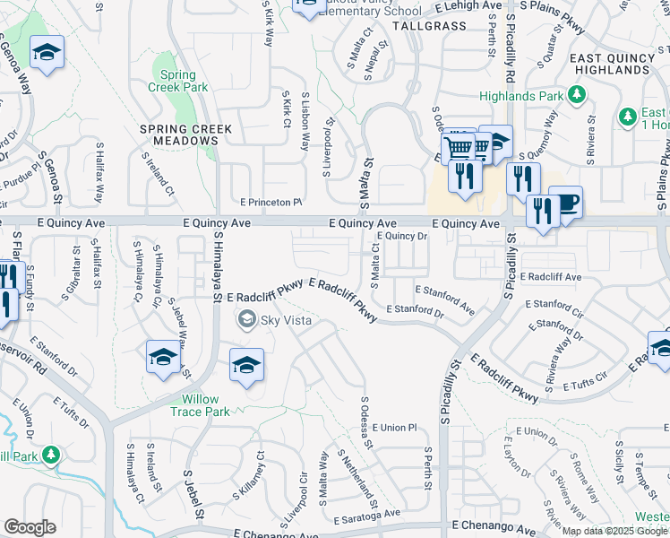 map of restaurants, bars, coffee shops, grocery stores, and more near 4491 South Malta Court in Aurora