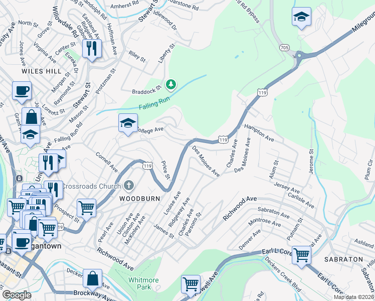 map of restaurants, bars, coffee shops, grocery stores, and more near 1134 Willey Street in Morgantown