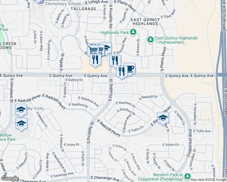 map of restaurants, bars, coffee shops, grocery stores, and more near 21764 East Radcliff Circle in Aurora