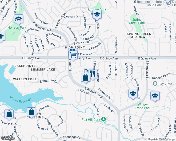map of restaurants, bars, coffee shops, grocery stores, and more near 19530 East Sunset Circle in Aurora