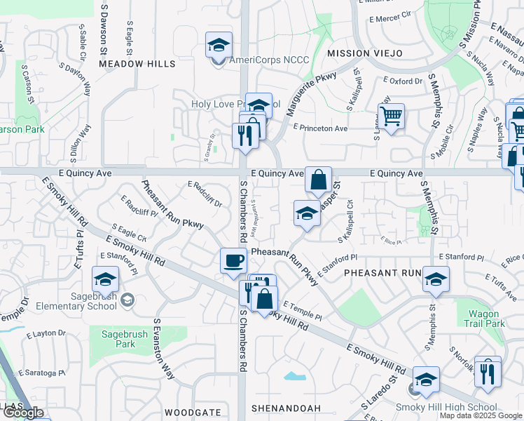 map of restaurants, bars, coffee shops, grocery stores, and more near 4453 South Hannibal Way in Aurora