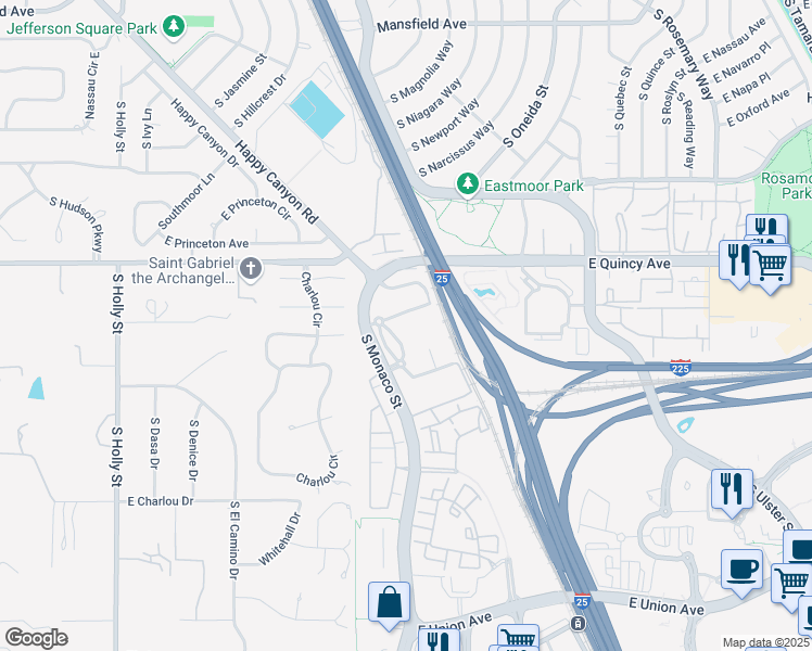 map of restaurants, bars, coffee shops, grocery stores, and more near 4350 South Monaco Street in Denver