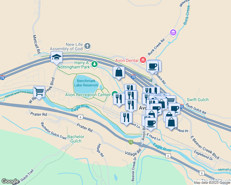 map of restaurants, bars, coffee shops, grocery stores, and more near 140 West Benchmark Road in Avon