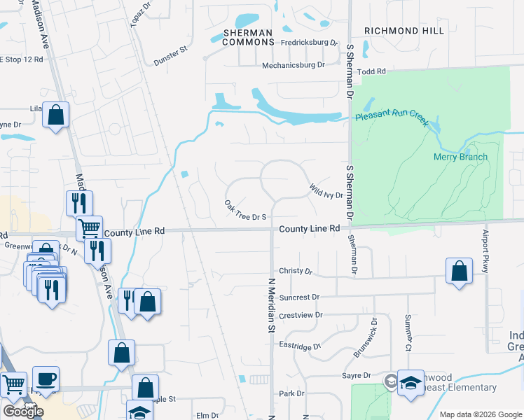 map of restaurants, bars, coffee shops, grocery stores, and more near 3323 Oak Tree Drive South in Indianapolis