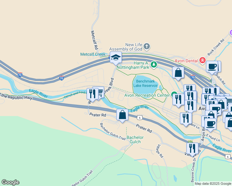 map of restaurants, bars, coffee shops, grocery stores, and more near 998 West Beaver Creek Boulevard in Avon