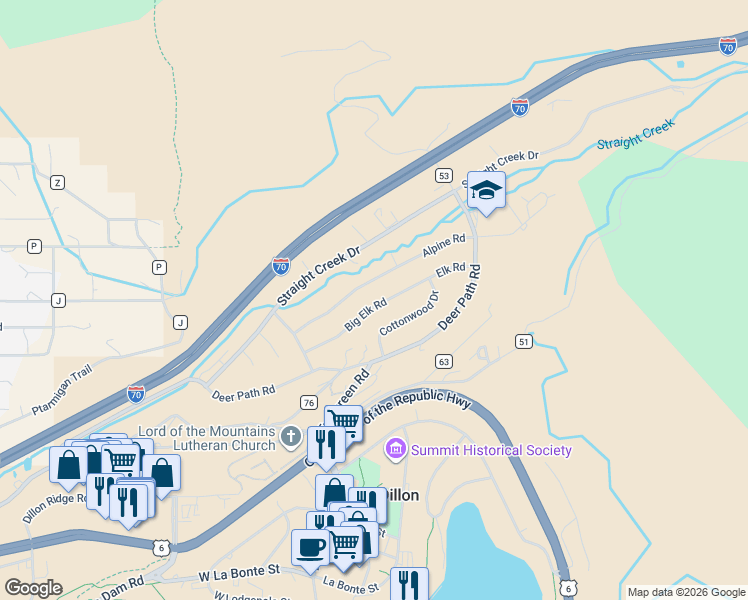 map of restaurants, bars, coffee shops, grocery stores, and more near 75 County Road 54 in Dillon