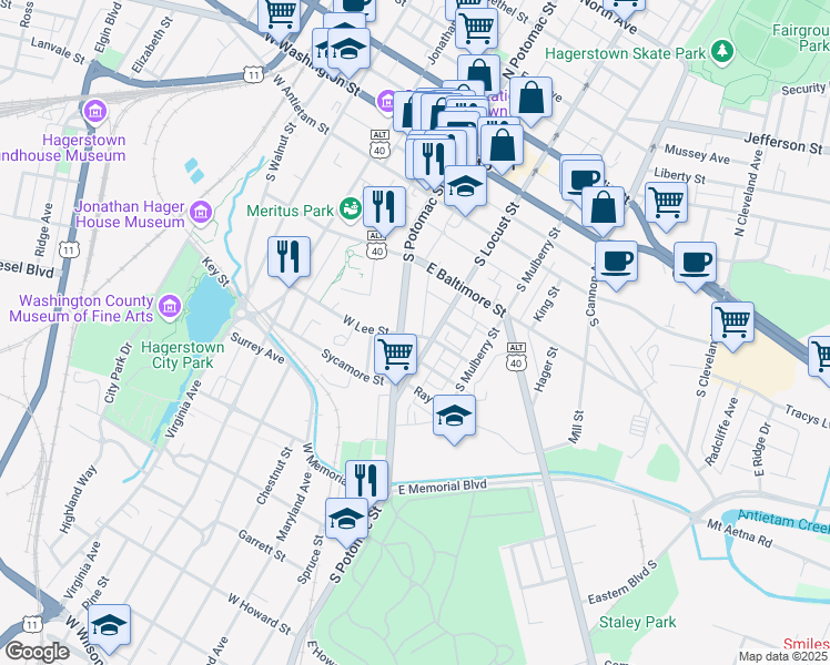 map of restaurants, bars, coffee shops, grocery stores, and more near 16 East Lee Street in Hagerstown