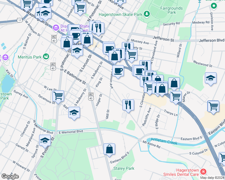 map of restaurants, bars, coffee shops, grocery stores, and more near 317 South Cannon Avenue in Hagerstown