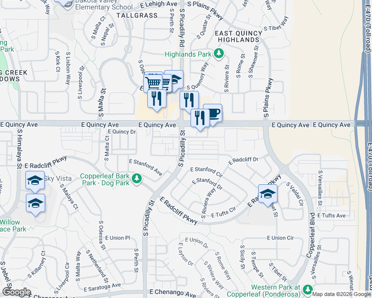 map of restaurants, bars, coffee shops, grocery stores, and more near 21719 East Quincy Circle in Aurora