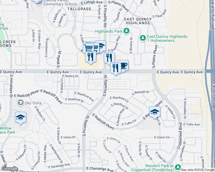 map of restaurants, bars, coffee shops, grocery stores, and more near 21755 East Quincy Circle in Aurora