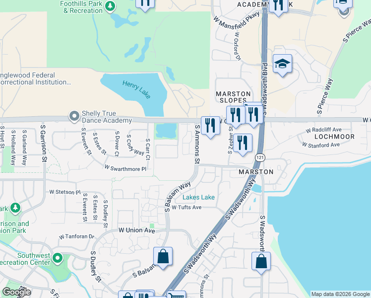 map of restaurants, bars, coffee shops, grocery stores, and more near 4451 South Ammons Street in Denver
