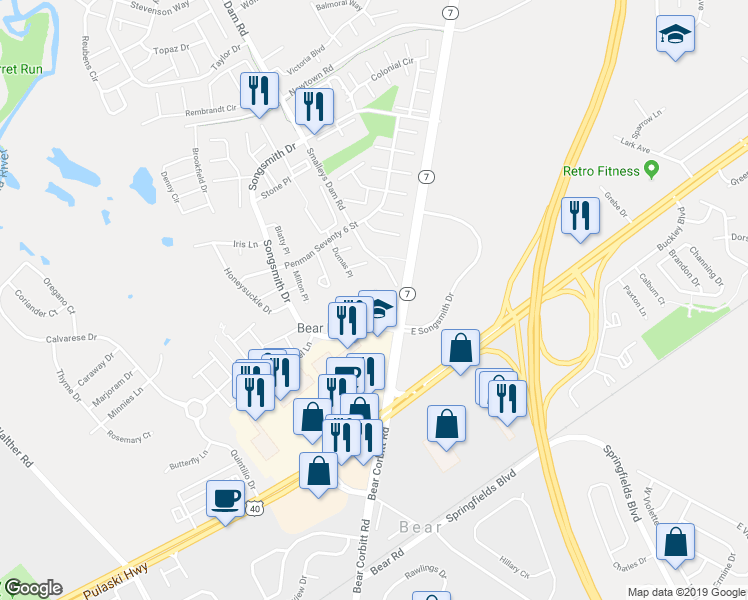 map of restaurants, bars, coffee shops, grocery stores, and more near 119 Buckson Court in Bear