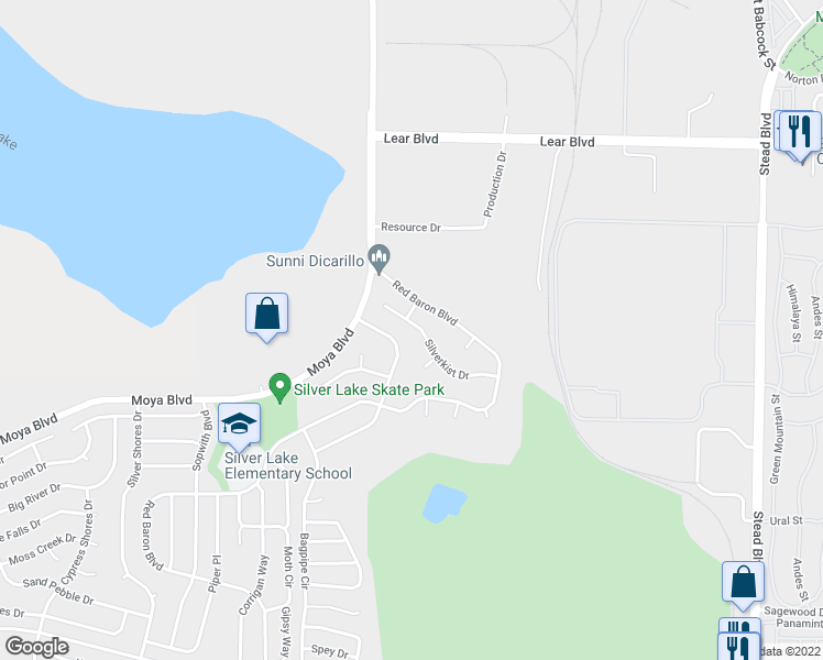 map of restaurants, bars, coffee shops, grocery stores, and more near 8889 Silverkist Drive in Reno