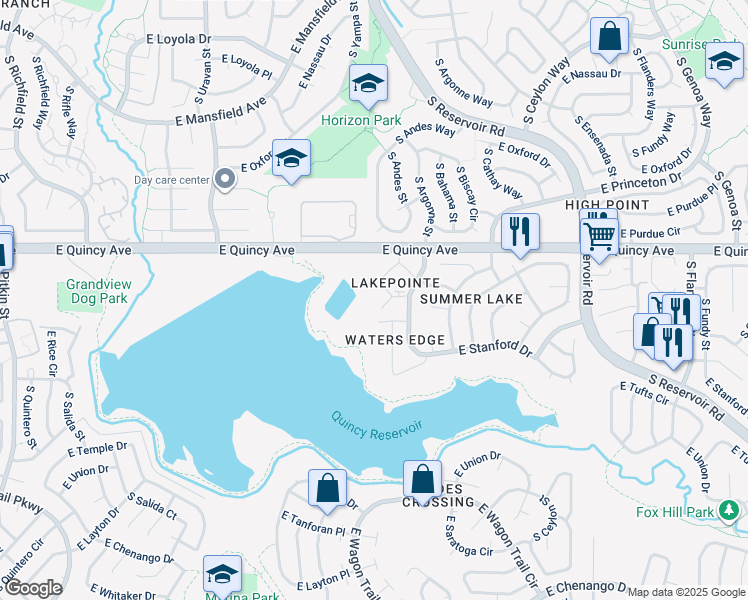 map of restaurants, bars, coffee shops, grocery stores, and more near 75 South Andes Way in Aurora